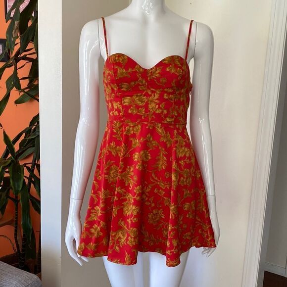 Urban Outfitters Red & Gold French Provincial Floral Mini Dress Size Small - Picture 4 of 12